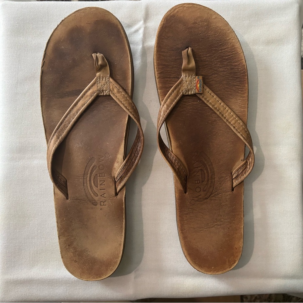 Rainbow Brown Leather Flip Flops